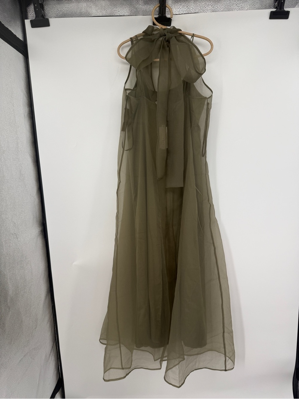 CAARA Alette Organza Maxi Dress  Sleeveless High-Neck Back Bow in Grey Moss NEW - Picture 10 of 14